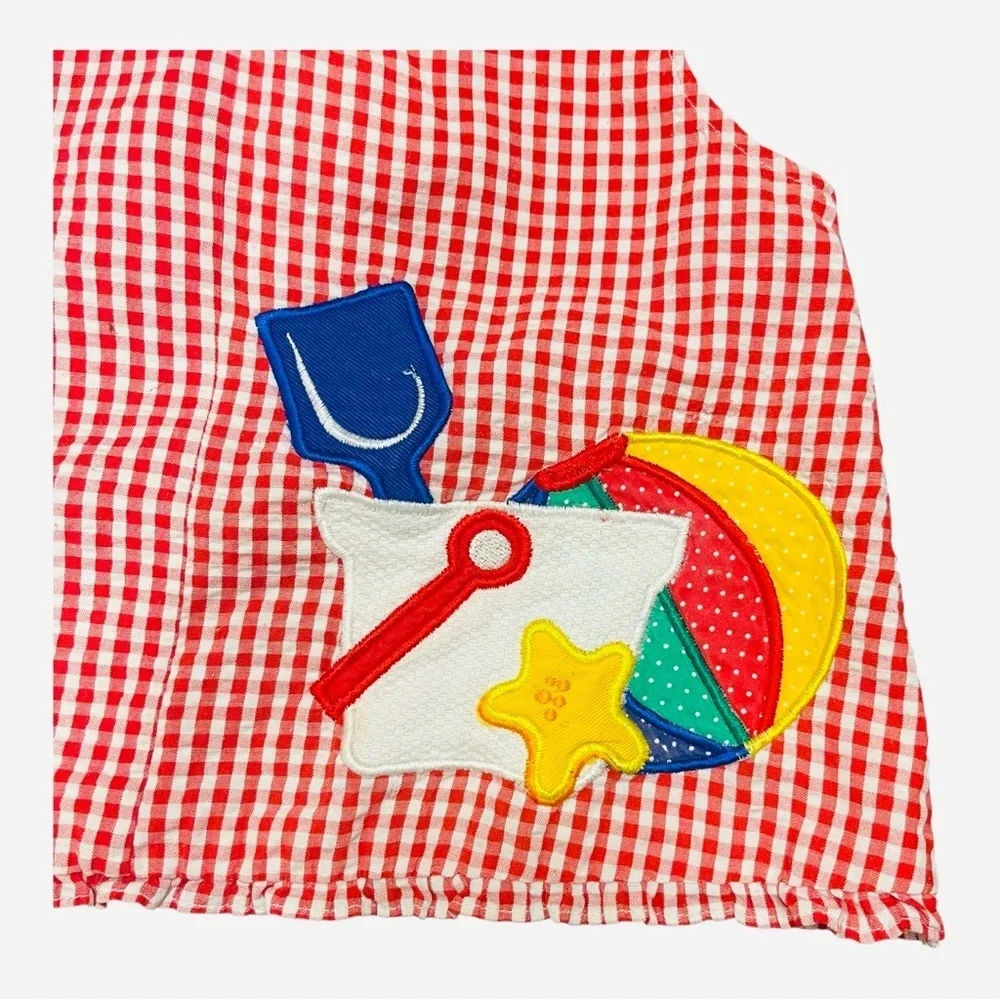 Girls 6 Samara gingham white red apron ruffled hem button detail graphic design